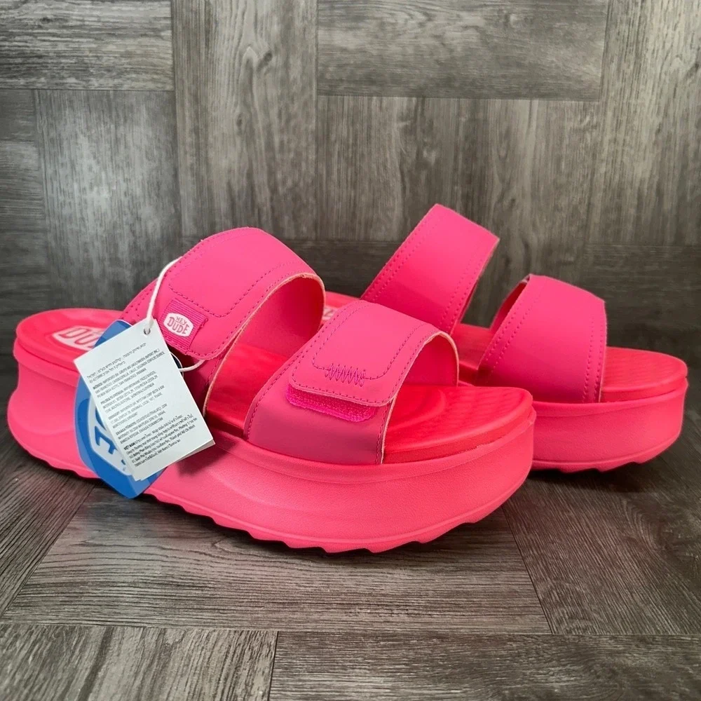 Hey Dude Delray Slide Mono Women 11 Electric Pink NEW Platform Sandals 41761-6QQ